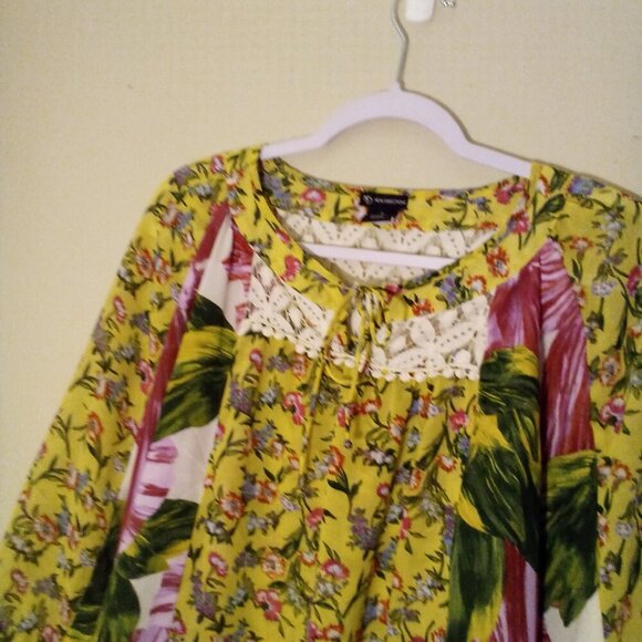 New Directions Blouse S Half Sleeve Boho Flowing Lace Floral Patchwork Colorful - Picture 3 of 15